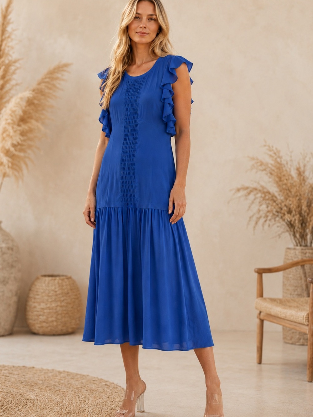 Joie Blue Silk Ruffle Sleeve Midi Dress